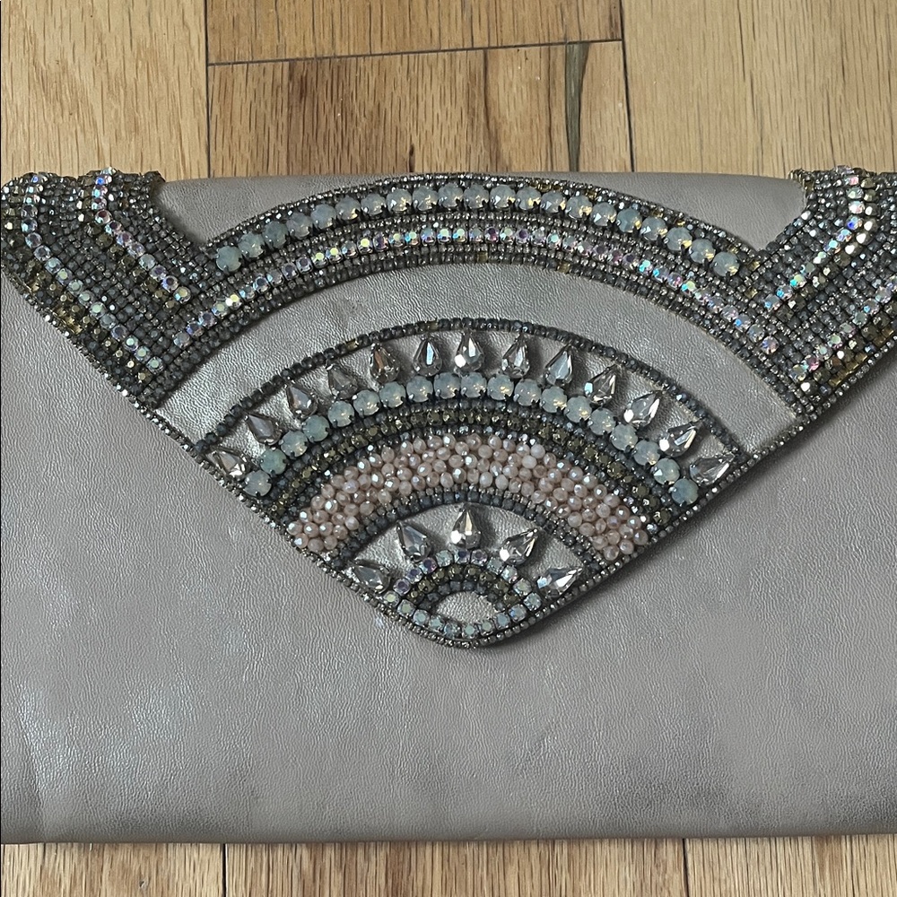 Beaded Gray Evening Clutch with Crystal Accent